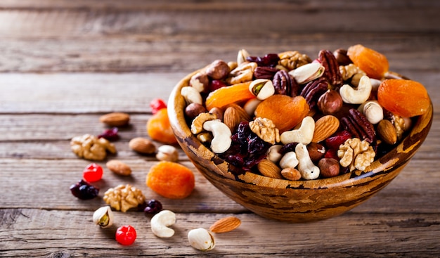 Nuts and dried fruit mix. Concept of Healthy Food. 