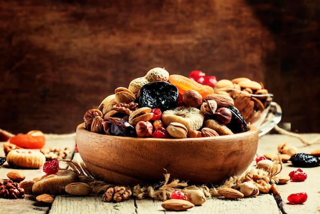 Nuts and dried fruit mix healthy and wholesome food Vintage wooden background selective focus