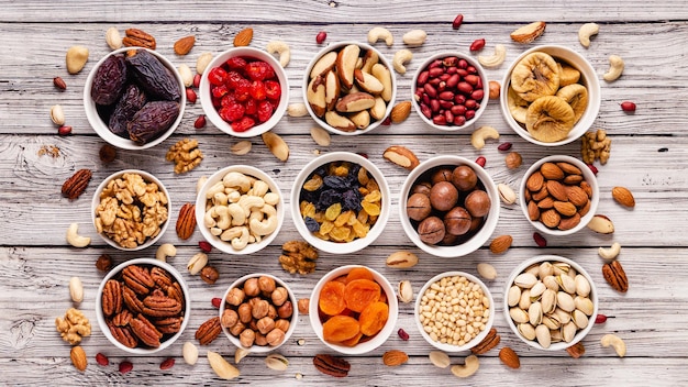 Nuts and dried fruits assortment top view