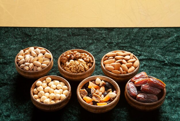 Nuts and dried fruits in bamboo plates