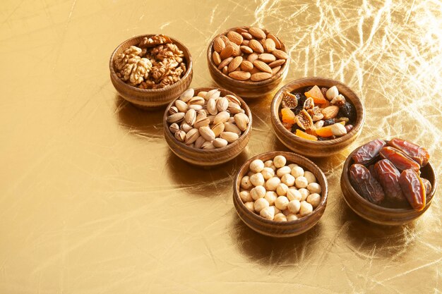 Nuts and dried fruits in bamboo plates