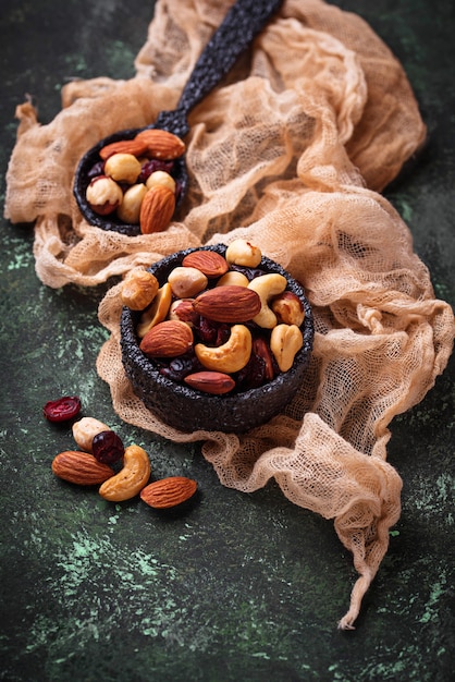 Nuts and dried fruits mix. Selective focus