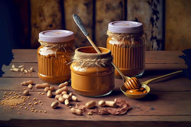 Nuts jars with peanut butter paste on wooden table