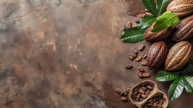 Nuts and Leaves on Brown Background