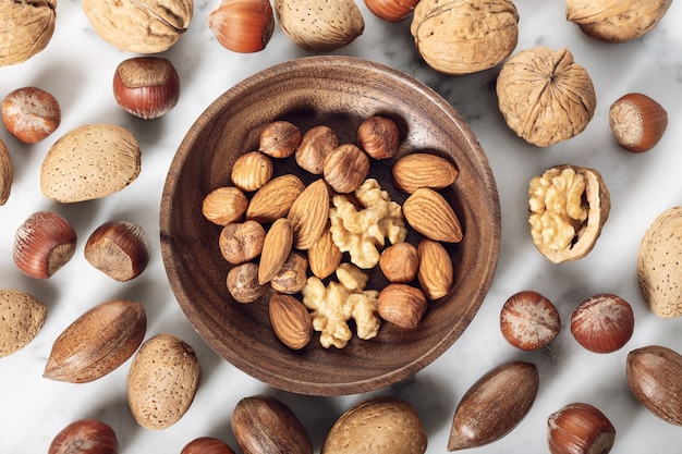 Nuts Mixed in a wooden plate