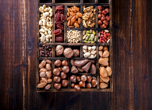 Nuts Mixed in a Wooden Vintage Box.Assortment