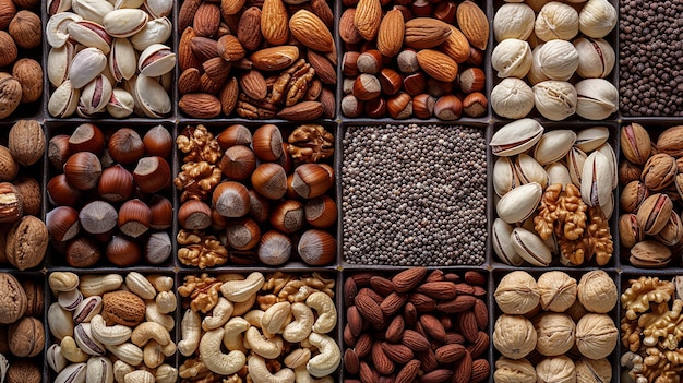 nuts and nuts are displayed in a wooden box