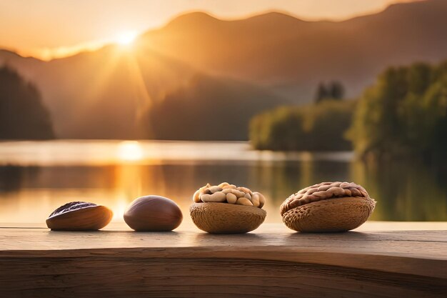 Photo nuts and nuts on a table by a lake