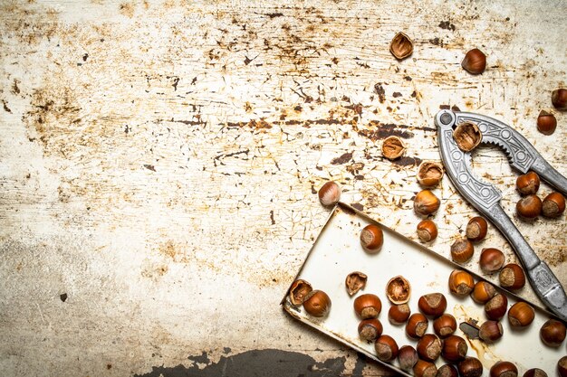 Nuts on the old tray. On rustic background.