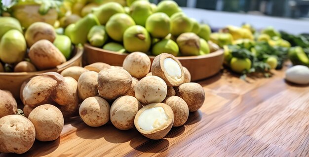 nuts on wooden background Macadamia Nuts