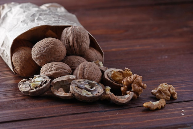 nuts on a wooden background