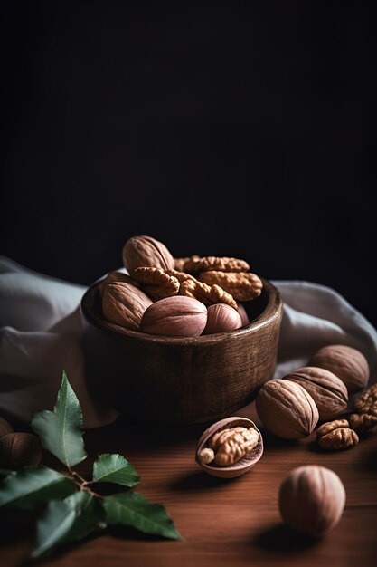 Nuts in wooden bowl on dark background AI generated