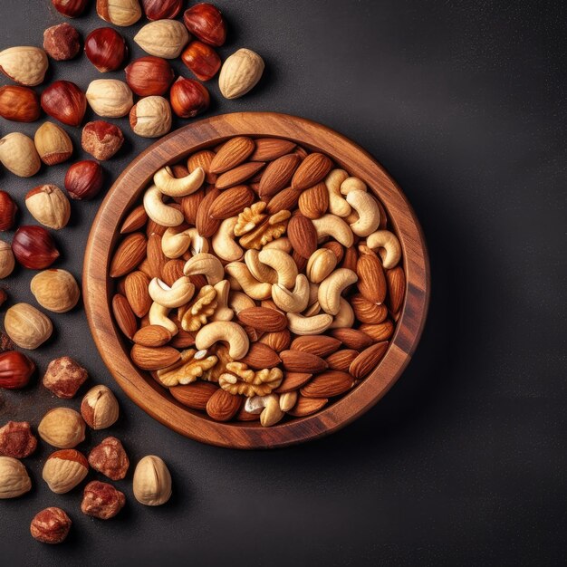 Nuts in wooden bowl on dark stone table Cashew hazelnuts brazil nuts and pine nuts Generative AI