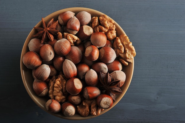 Nuts in wooden bowl 