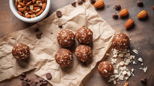 Foto palle energetiche di cioccolato a noce su carta pergamena