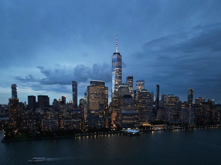 Photo nyc aerial night view new york city skyline cityscape of manhattan in usa new york city nyc manhattan downtown skyline from jersey city usa