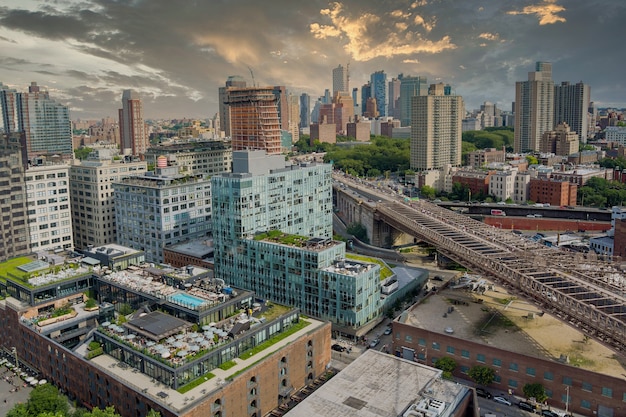 NYC cityscape panning on of downtown Brooklyn district with Manhattan Bridge