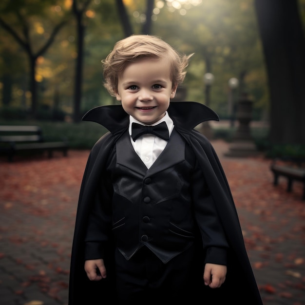 Улыбающийся ребенок-вампир в стиле Хэллоуина в Нью-Йорке занимает центральное место