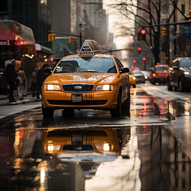 Nyc taxi's wazig op een zonnige dag in nyc die voorbij snelt