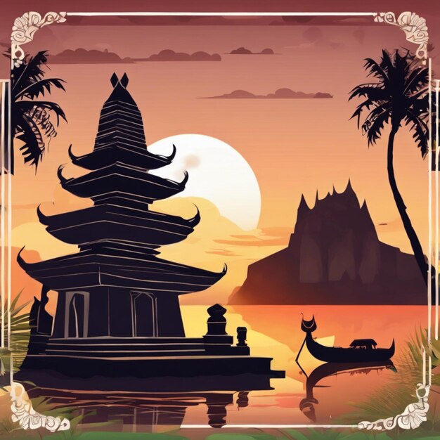 Nyepi-dag achtergrondillustratie met de tempel bij zonsondergang