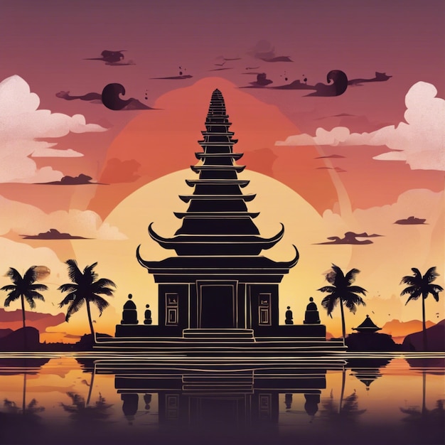 Nyepi-dag achtergrondillustratie met de tempel bij zonsondergang