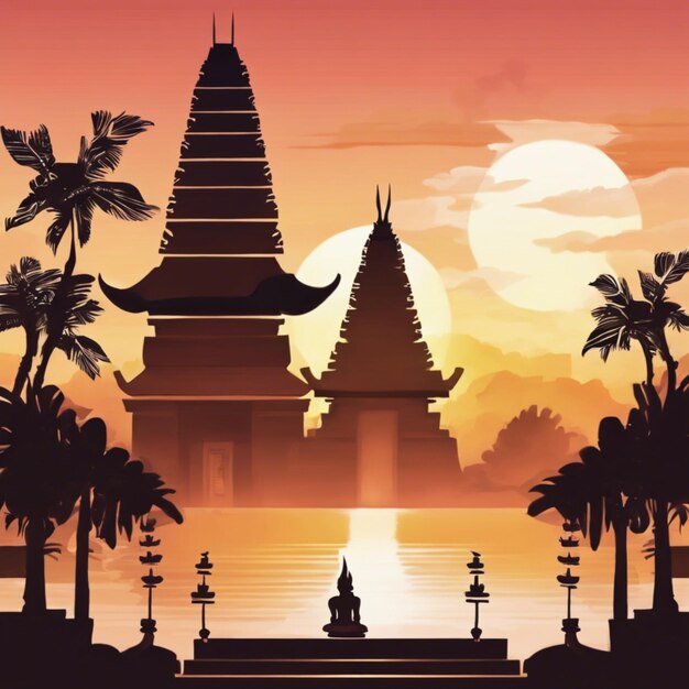 Nyepi-dag achtergrondillustratie met de tempel bij zonsondergang