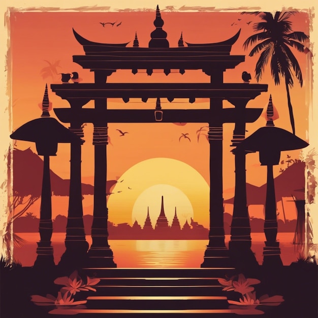 Foto nyepi-dag achtergrondillustratie met de tempel bij zonsondergang