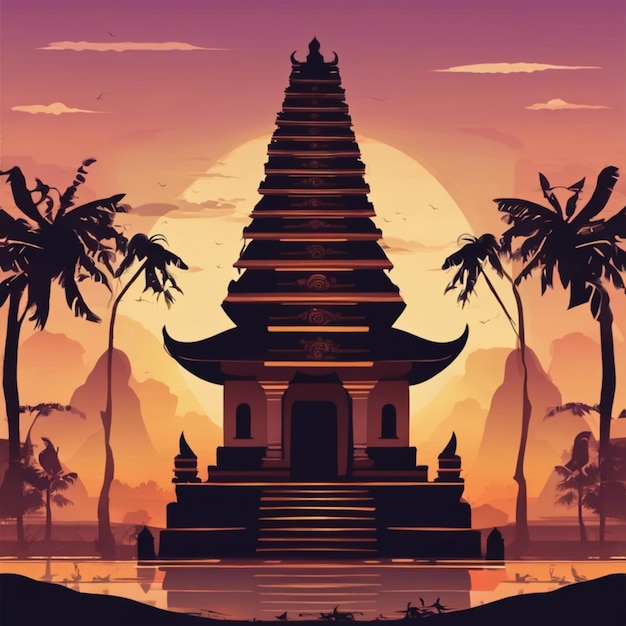 Photo nyepi day background illustration with the temple at sunset