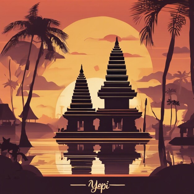 Photo nyepi day background illustration with the temple at sunset