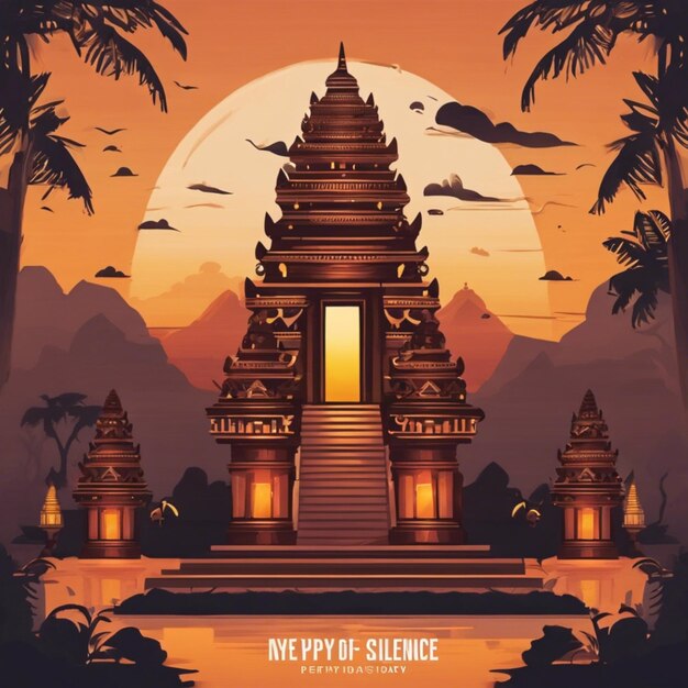 Nyepi Day Background Illustration With The Temple At Sunset