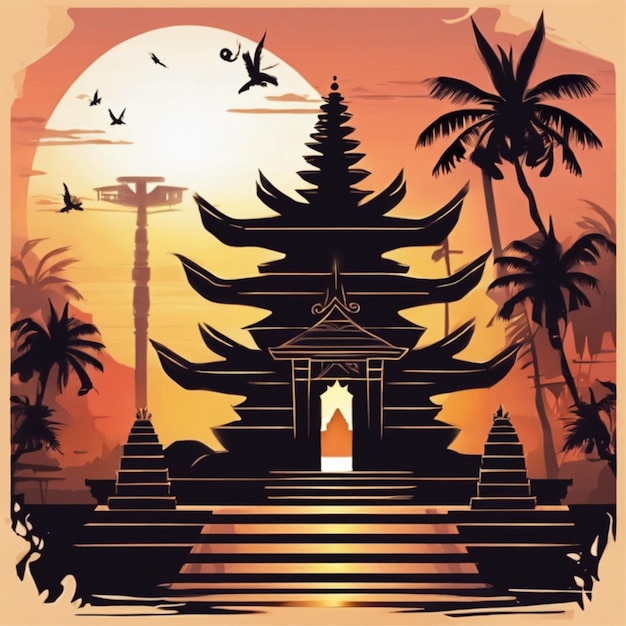 Photo nyepi day background illustration with the temple at sunset