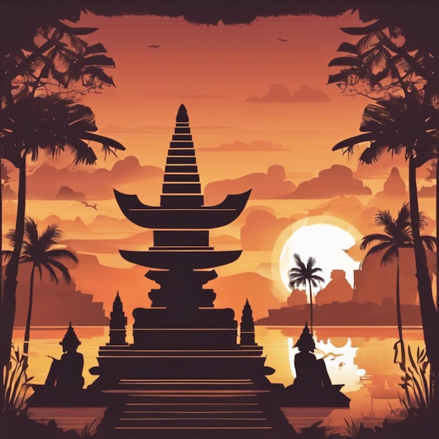 Nyepi Day Background Illustration With The Temple At Sunset