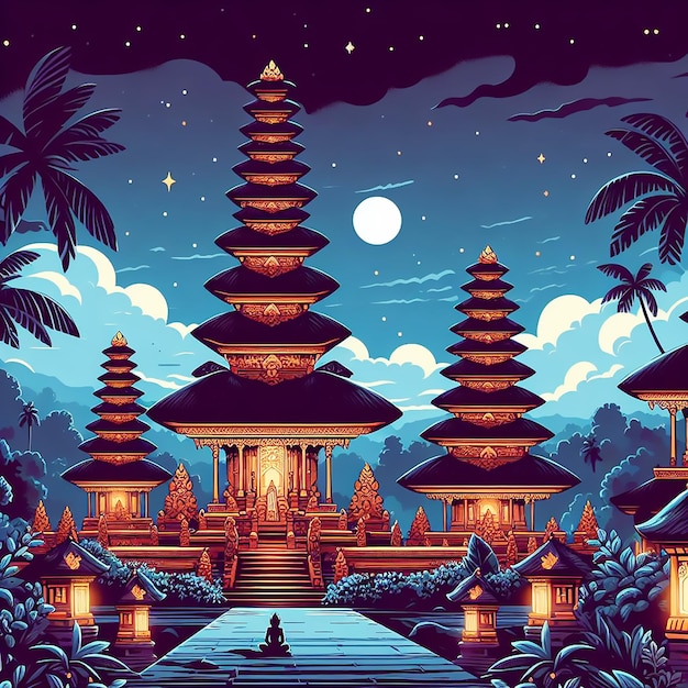 Nyepi day greeting card illustration with temple at night ai generaed