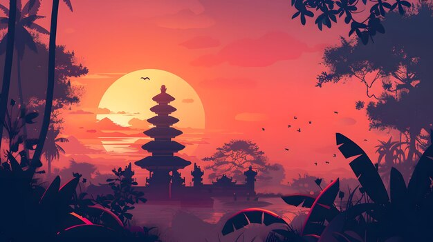 Nyepi day of silence background illustration with temple at sunset