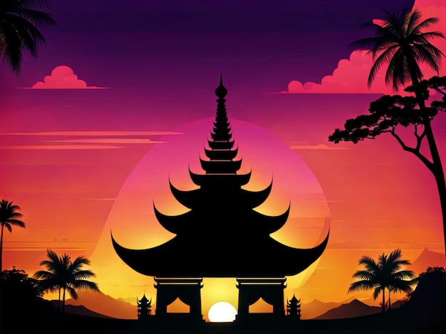 Foto nyepi giorno di silenzio illustrazione di sfondo con tempio al tramonto