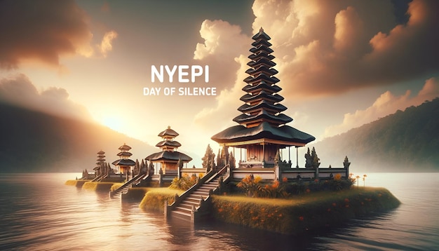 Nyepi day of silence background illustration with temple at sunset