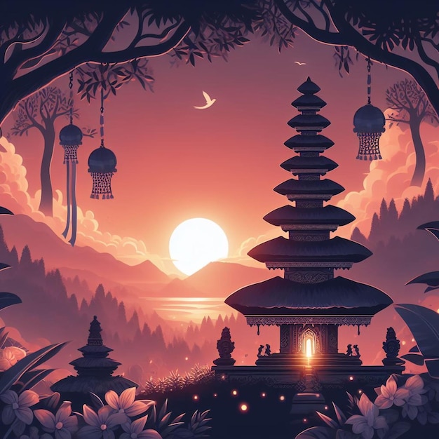 Nyepi day of silence background illustration with temple at sunset