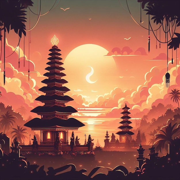 Nyepi day of silence background illustration with temple at sunset