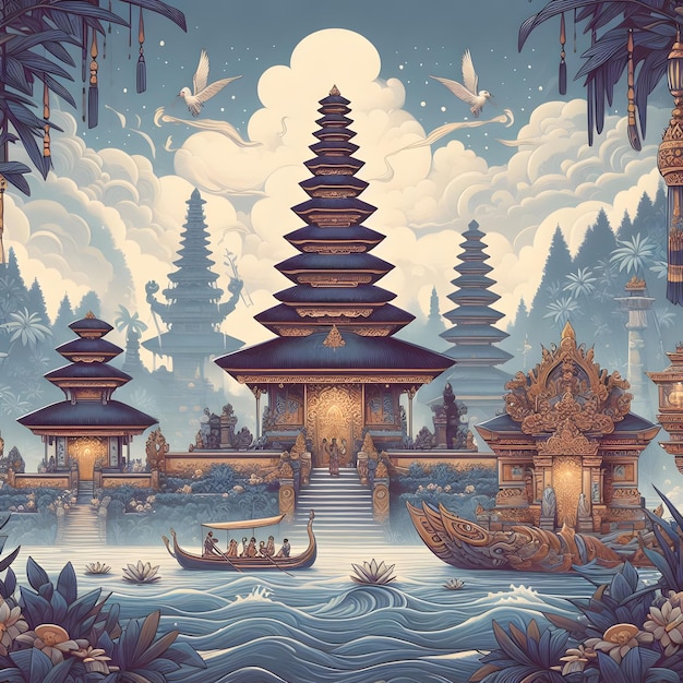 Nyepi day of silence background illustration with temple