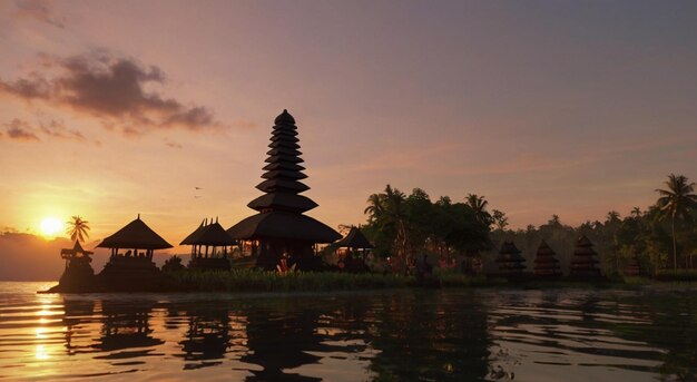 Nyepi day of silence background with temple at sunset