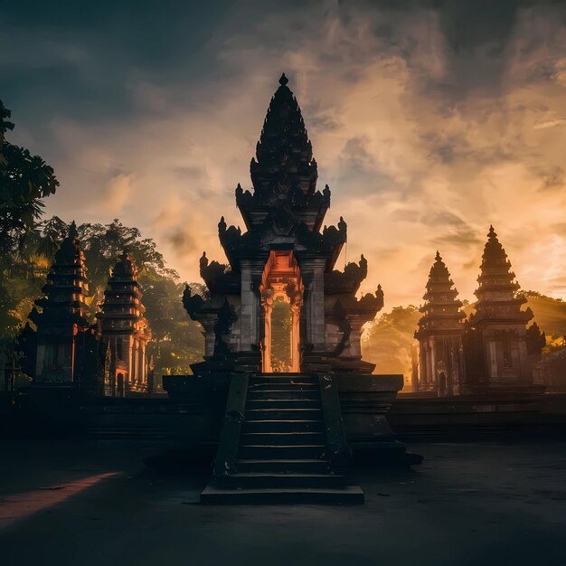 Nyepi hush falls temple bathed in fiery sunsets glow