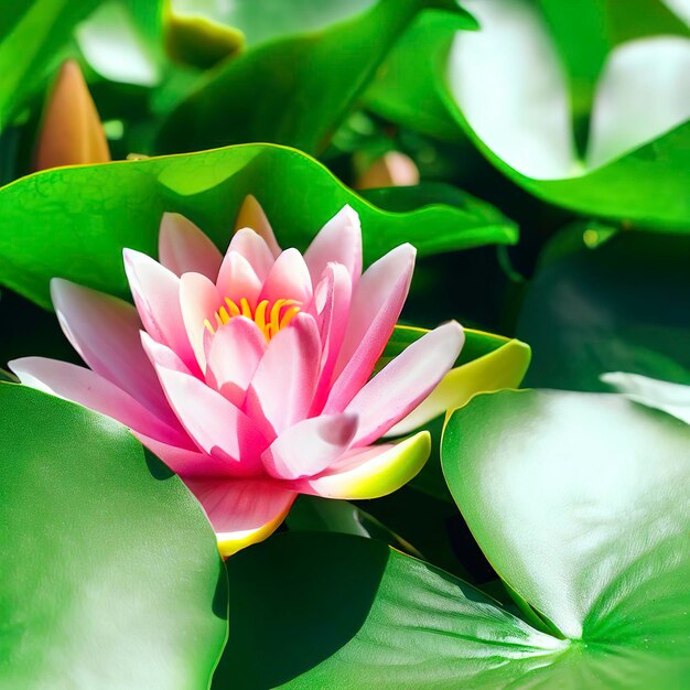 Nymphaea alba a beautiful aquatic plant pink water lilies among green leaves on a sunny summer day