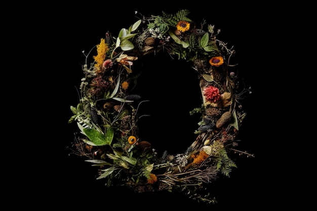 O alfabet letter gemaakt van bladeren, planten en bloemen geïsoleerd op zwarte achtergrond illustratie generatieve ai