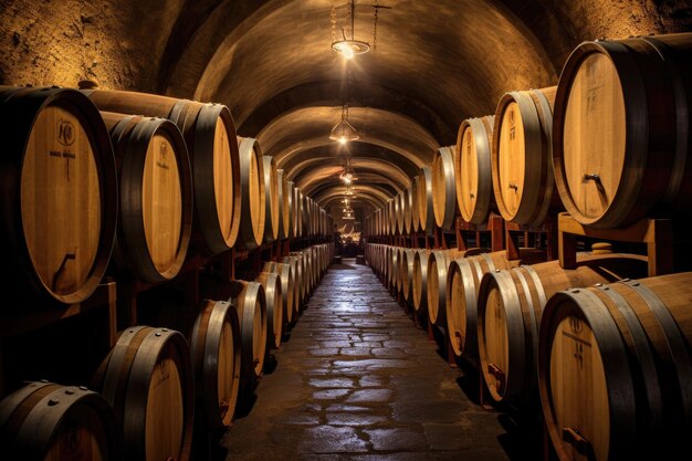 Oak barrels aging wine in a cellar