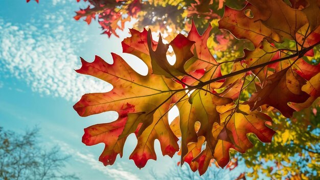 Oak leaves brightly backlit against sky