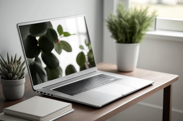 На дубовом столе стоит новый ноутбук для профессионалов, дизайнерская модель для веб-сайта или приложения. Макет ноутбука с пустым экраном в современной домашней обстановке. Металлический ноутбук серебристого цвета.