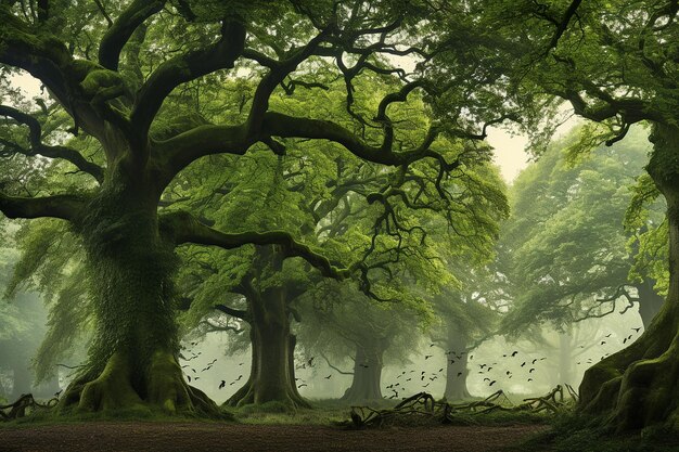 Oak tree canopy with birds perched on branches