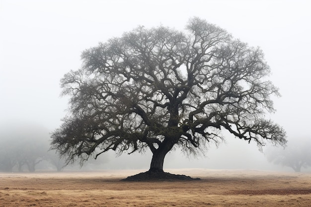 Oak tree in a foggy forest