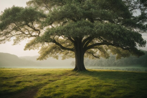 Foto albero di quercia in piena foglia in piedi da solo in un campo in estate contro un cielo al tramonto copia lo spazio per il testo t