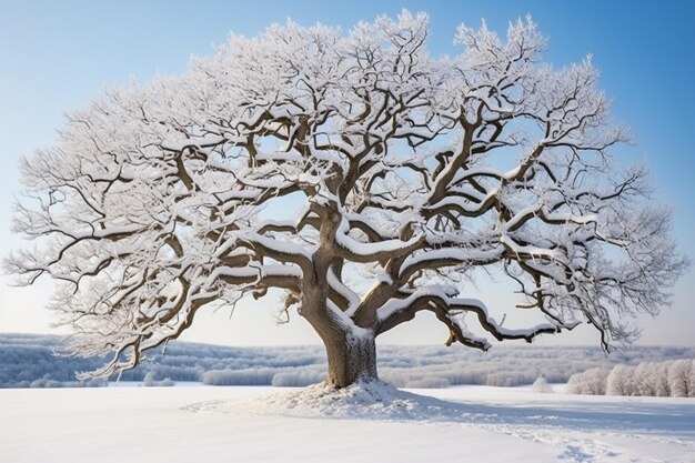 雪で覆われた枝を持つ冬のオークの木